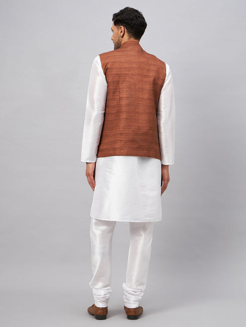 Vastramay Men's Coffee Matka Silk Nehru Jacket With White Silk Blend Kurta Pyjama Set